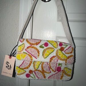 Sincerly Jules White Beaded Shoulder Bag with Yellow, Pink & Orange Citrus Motif